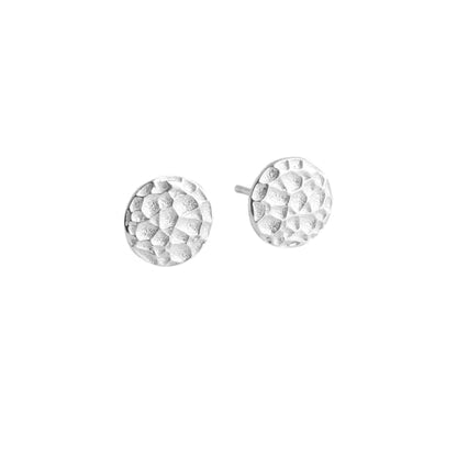 Silver hammered disc stud earrings with round textured faces and push-back posts