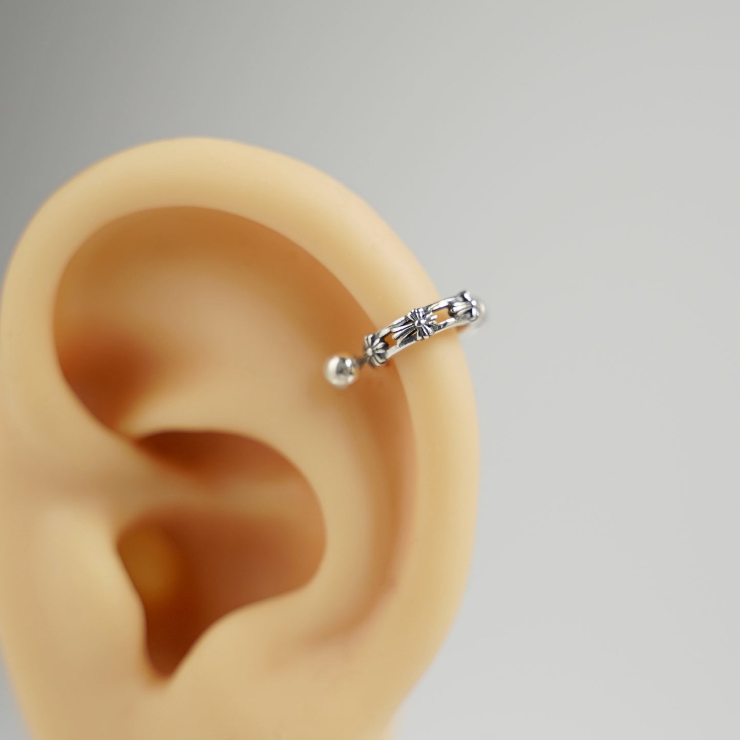 Sterling Silver Oxidized Fleury Cross Helix Tragus Cartilage Screwback Ear Hoop _ sugarkittenlondon
