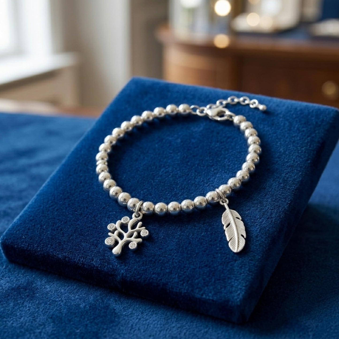 Tree of Life charm on a silver beaded bracelet with a leaf charm