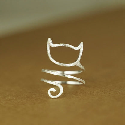 Sterling Silver Cat Kitten Long Tail Wrap Ring with Adjustable Size - UK Size M - sugarkittenlondon