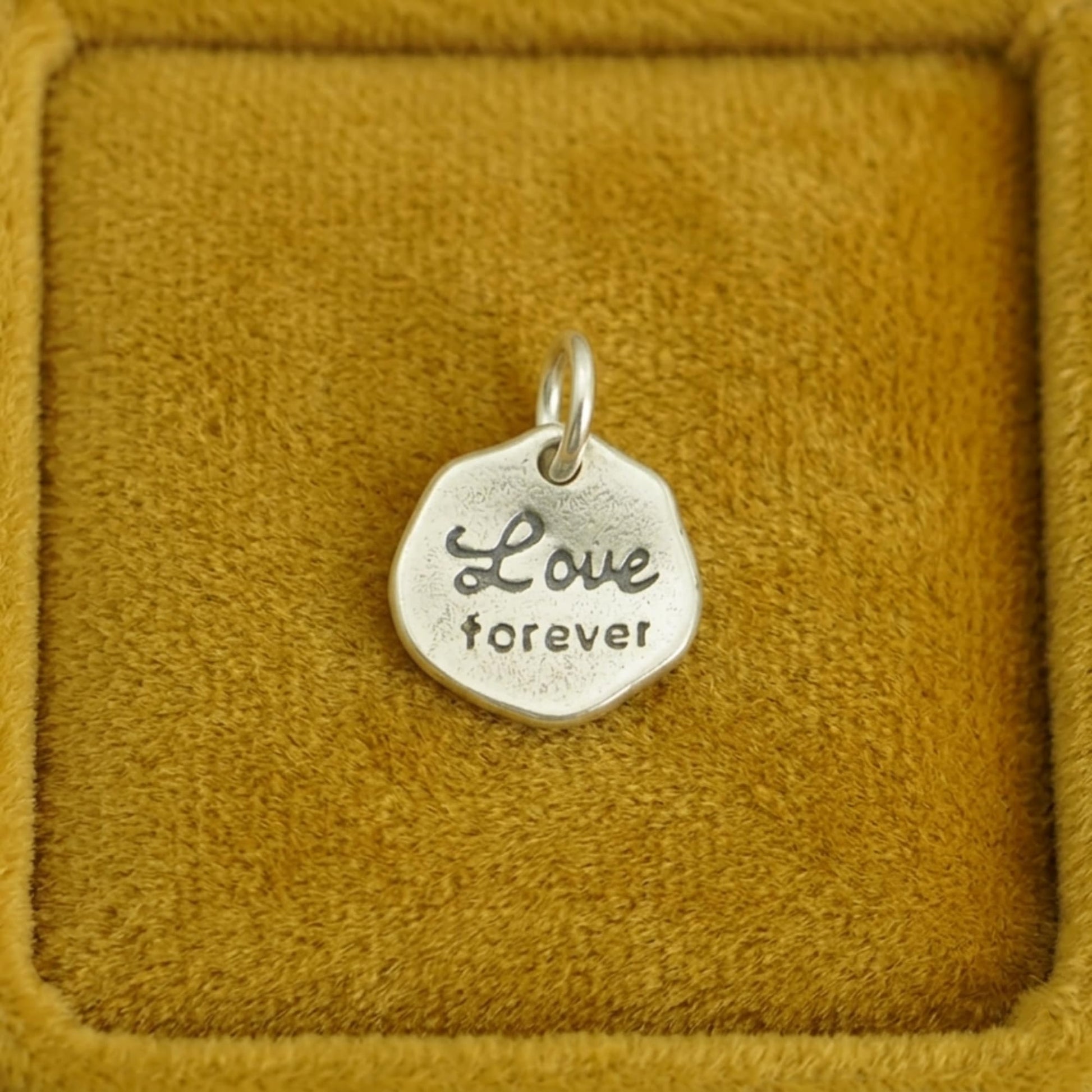 “Love forever” hexagon charm with loop bail, silver-tone