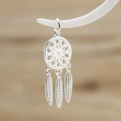 Dream Catcher Charm: silver-tone round filigree medallion and three hanging feather charms
