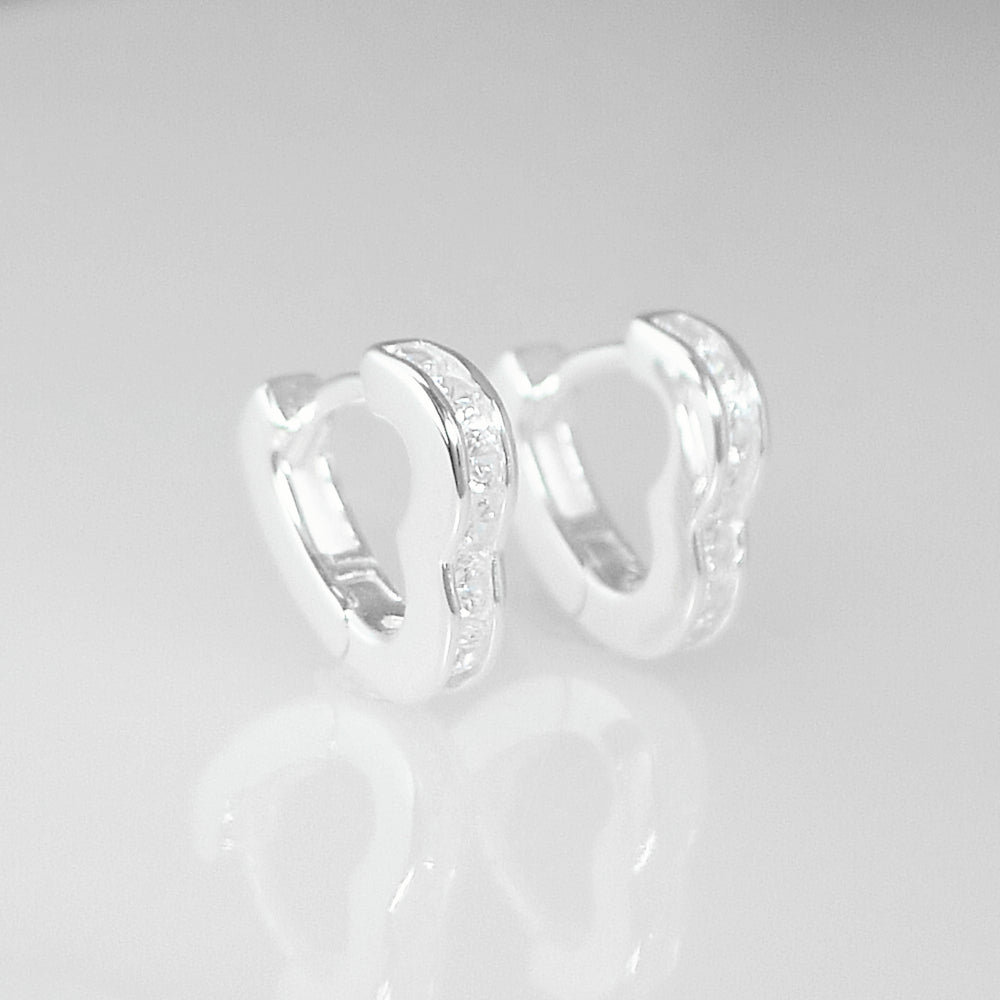 Sterling Silver 7mm Channel Set CZ Love Heart Eternity Huggie Hoop Earrings