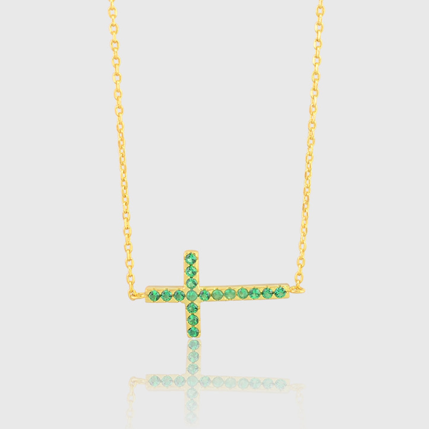 Gold-Plated Sterling Silver Green CZ Cross Pendant Necklace