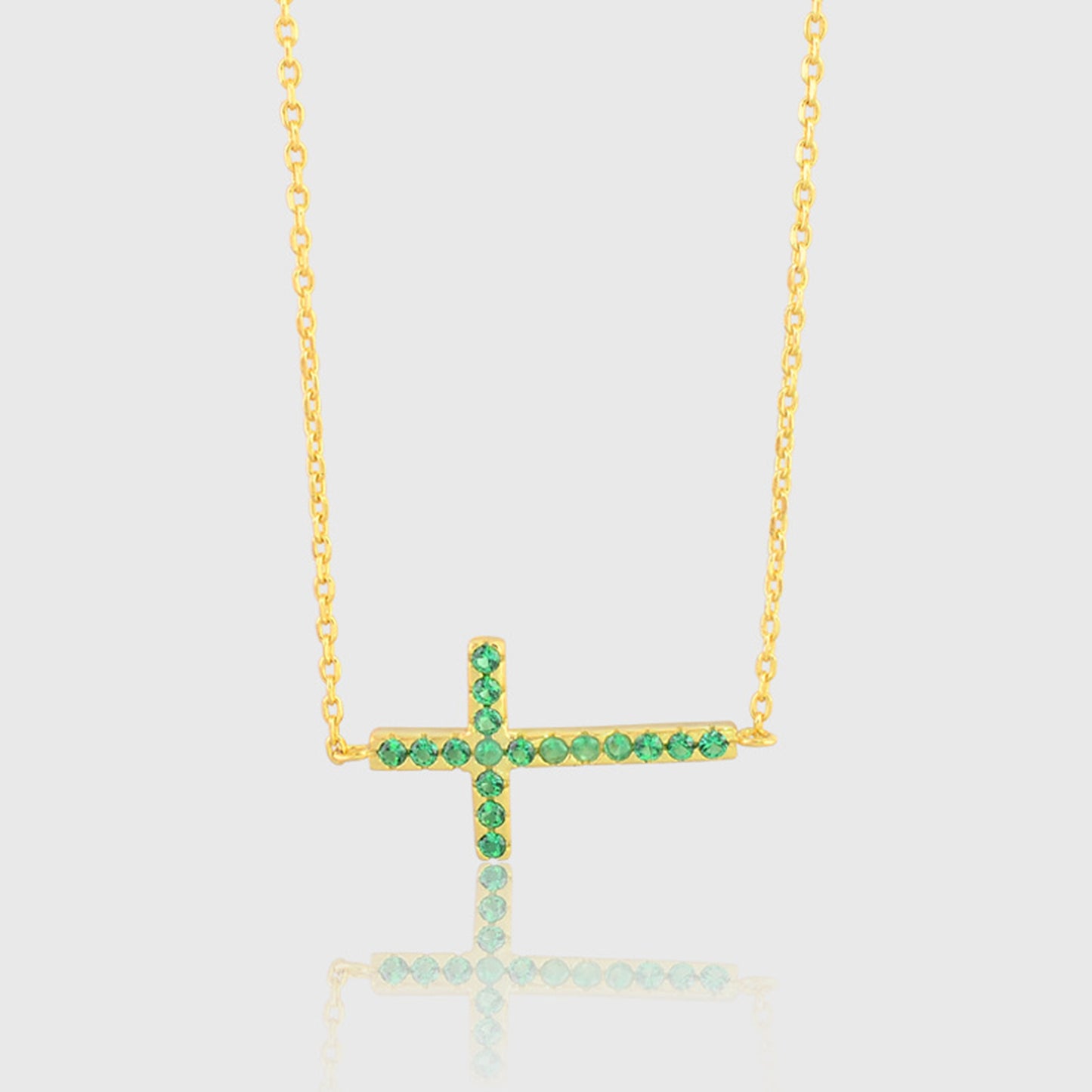 18K Gold on Sterling Silver Green CZ Cross Pendant Necklace - sugarkittenlondon