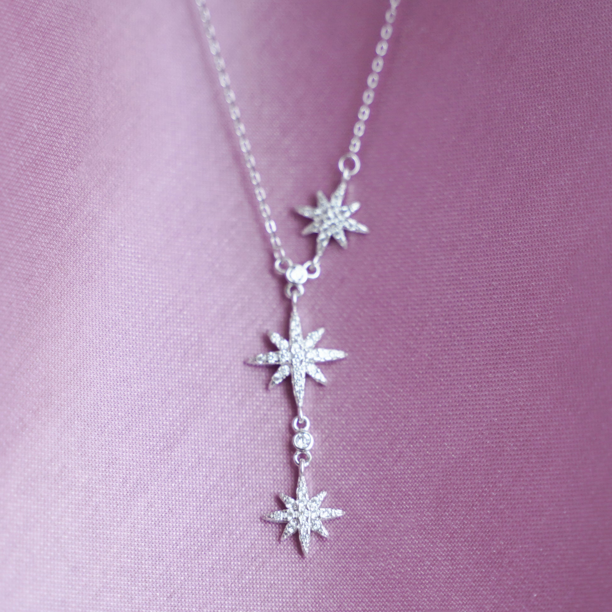 Sterling Silver Y-Shape Sunburst Necklace with CZ Sunlight Stars - sugarkittenlondon