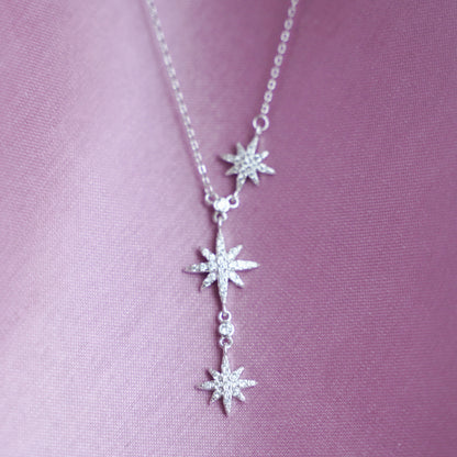 Sterling Silver Y-Shape Sunburst Necklace with CZ Sunlight Stars - sugarkittenlondon