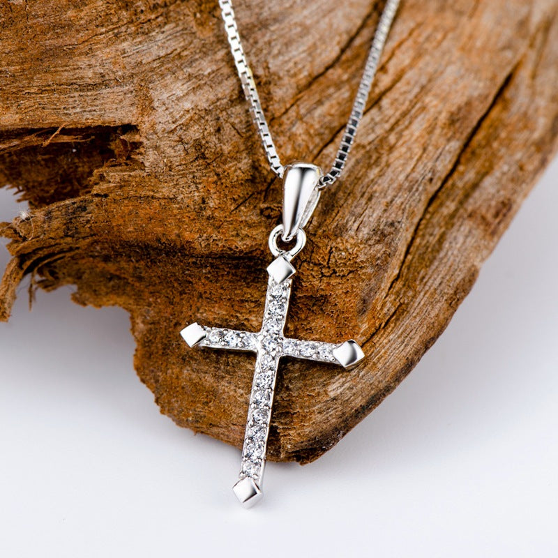 Sterling Silver Passion Cross Pointed Cross Paved CZ Pendant Necklace