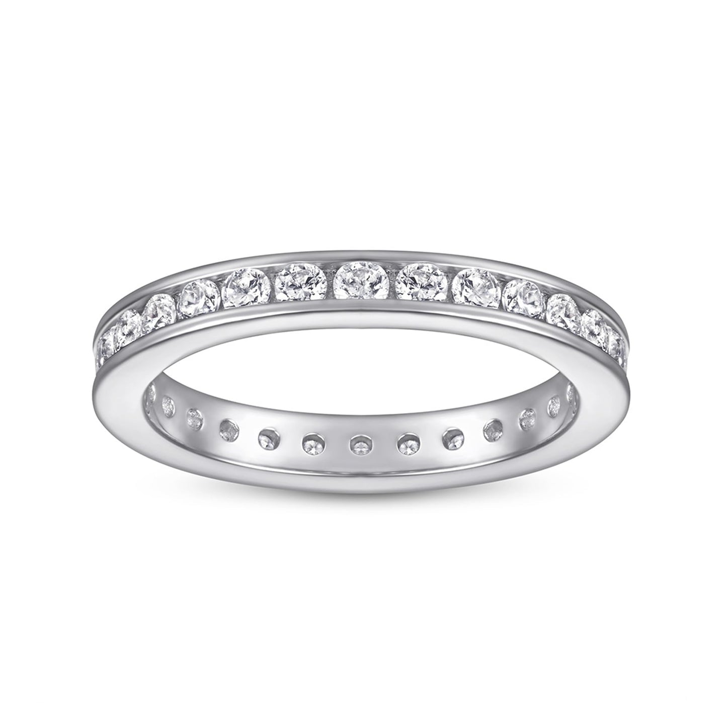 Silver eternity ring with a continuous row of round stones across the top