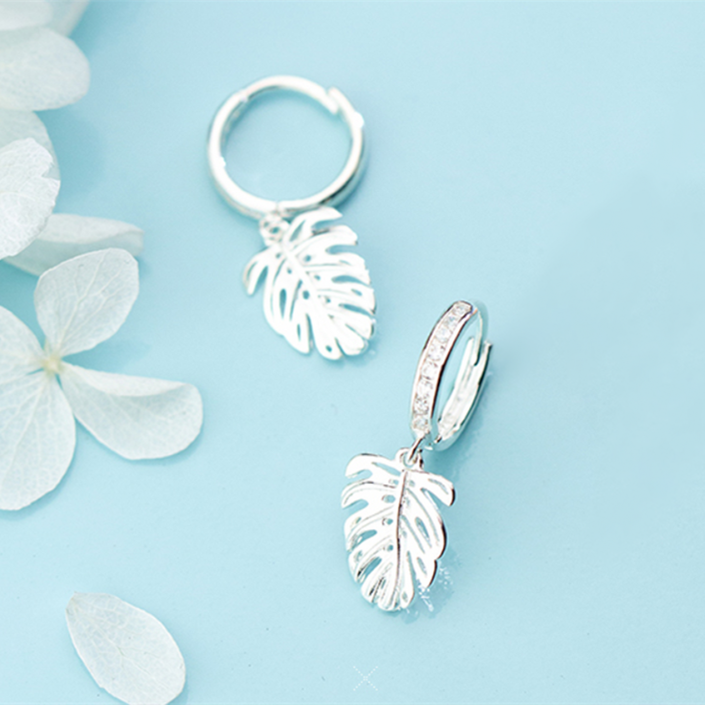 Sterling Silver Huggie Hoop Drop Earrings with CZ Channel Setting and Monstera Leaf