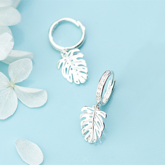 Sterling Silver Huggie Hoop Drop Earrings with CZ Channel Setting and Monstera Leaf - sugarkittenlondon