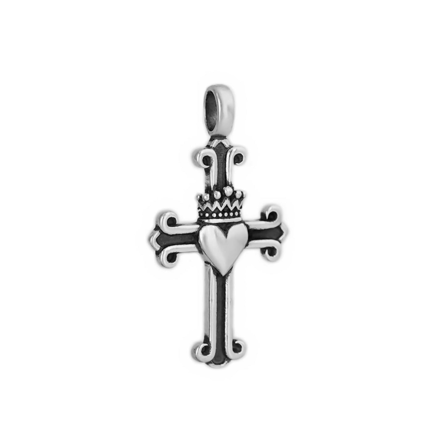 Sterling Silver Oxidised Fleury Claddagh Cross Pendant Heart Crown Love Symbol