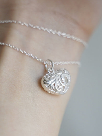 Sterling Silver Filigree Floral Puffy Double Sided Love Heart Pendant - sugarkittenlondon