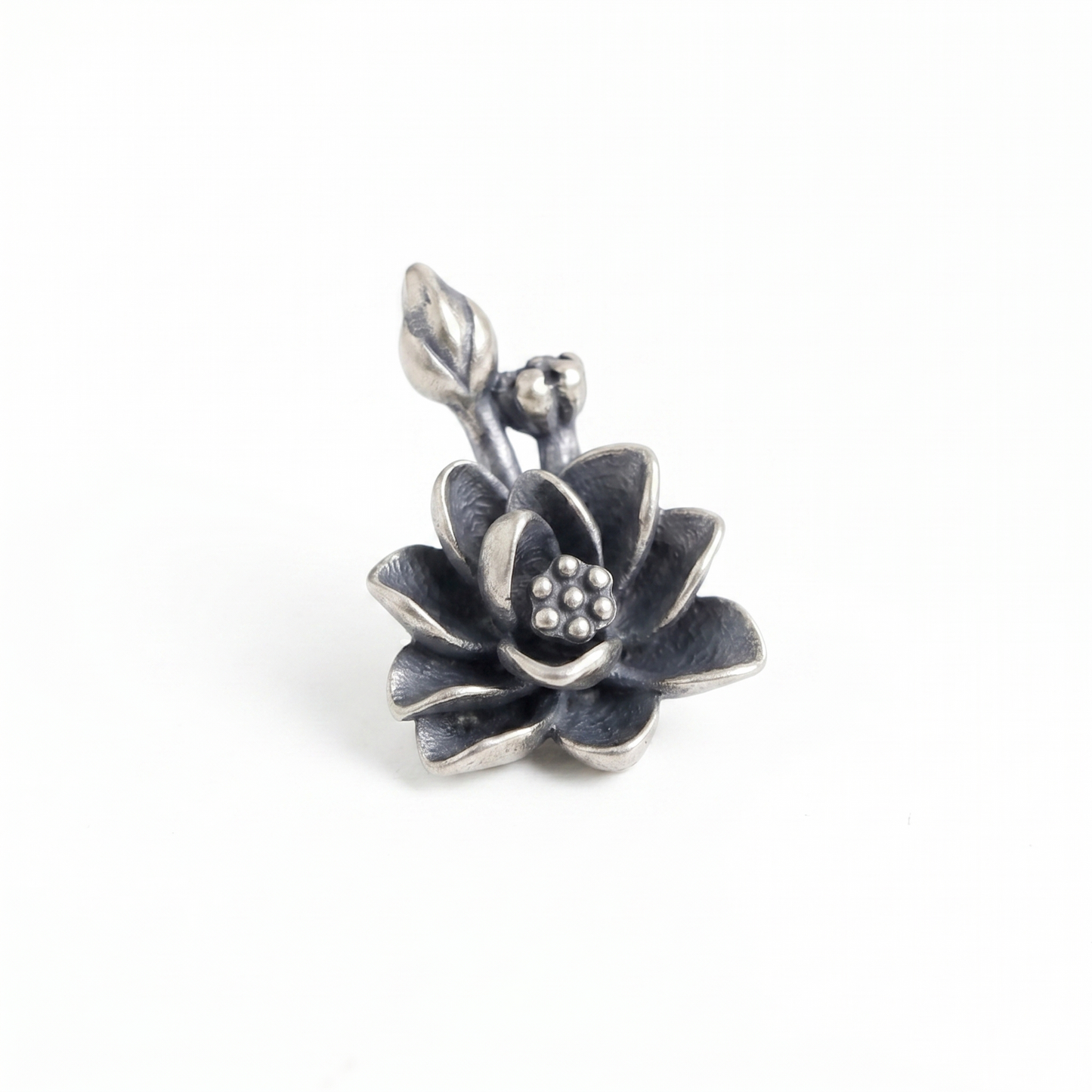 Oxidized lotus flower charm with top loop bail and pearl-like dotted center