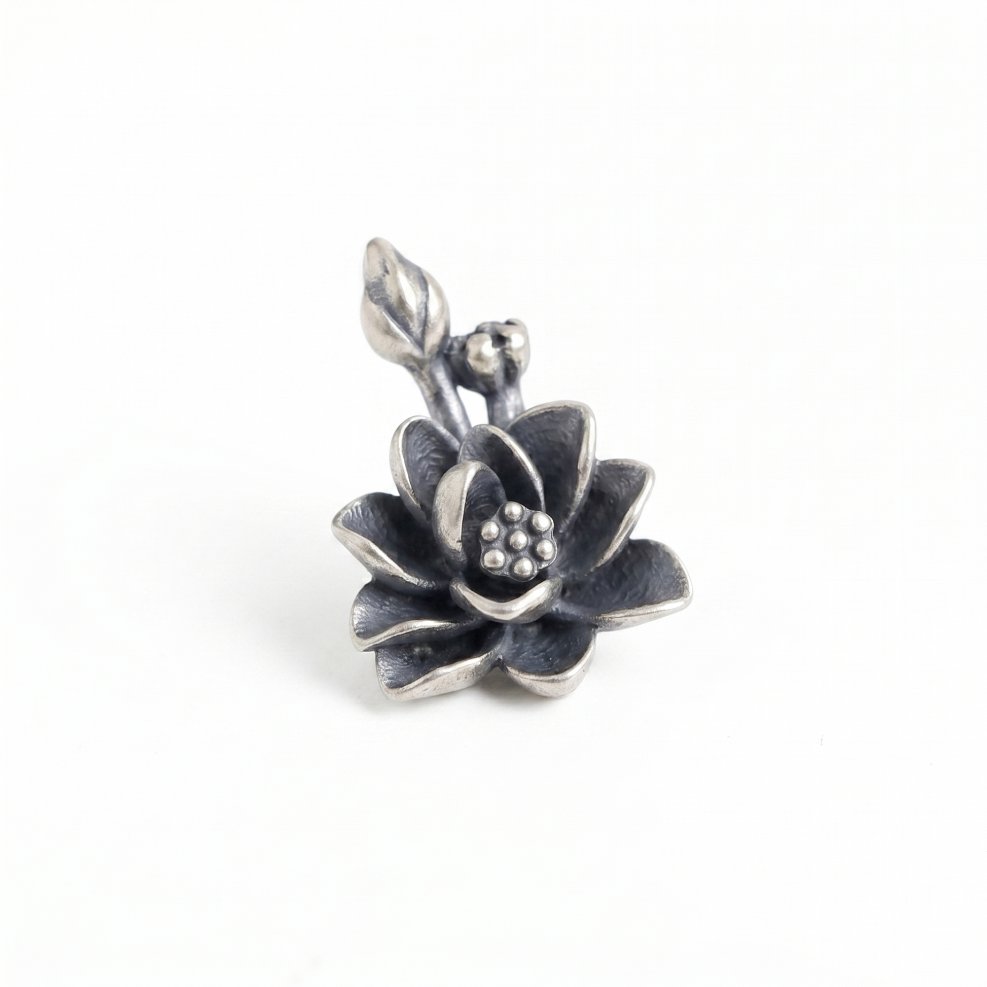 Oxidized lotus flower charm with top loop bail and pearl-like dotted center