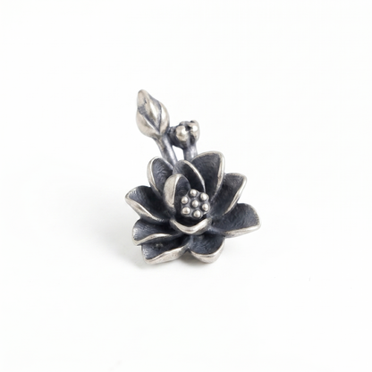 Oxidized lotus flower charm with top loop bail and pearl-like dotted center