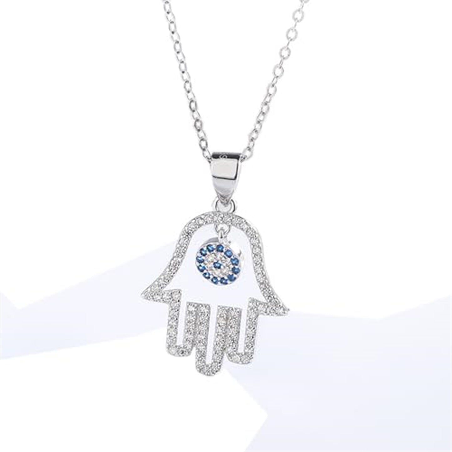 Sterling Silver Hollow Blue Paved CZ Evil Eye Hamsa Hand of Fatima Pendant