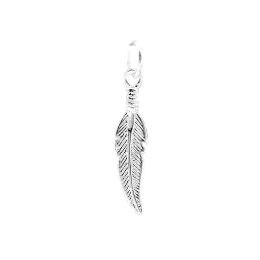 Small feather wing charm with loop clasp, silver-tone, engraved feather details