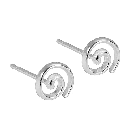 Silver spiral swirl stud earrings, curved swirl design on straight posts.