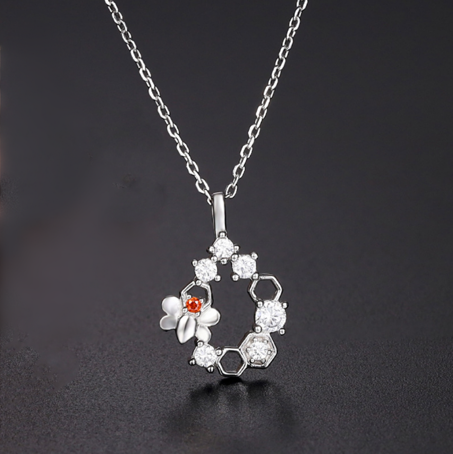 Silver-tone bee honeycomb necklace pendant with hexagon stones on chain