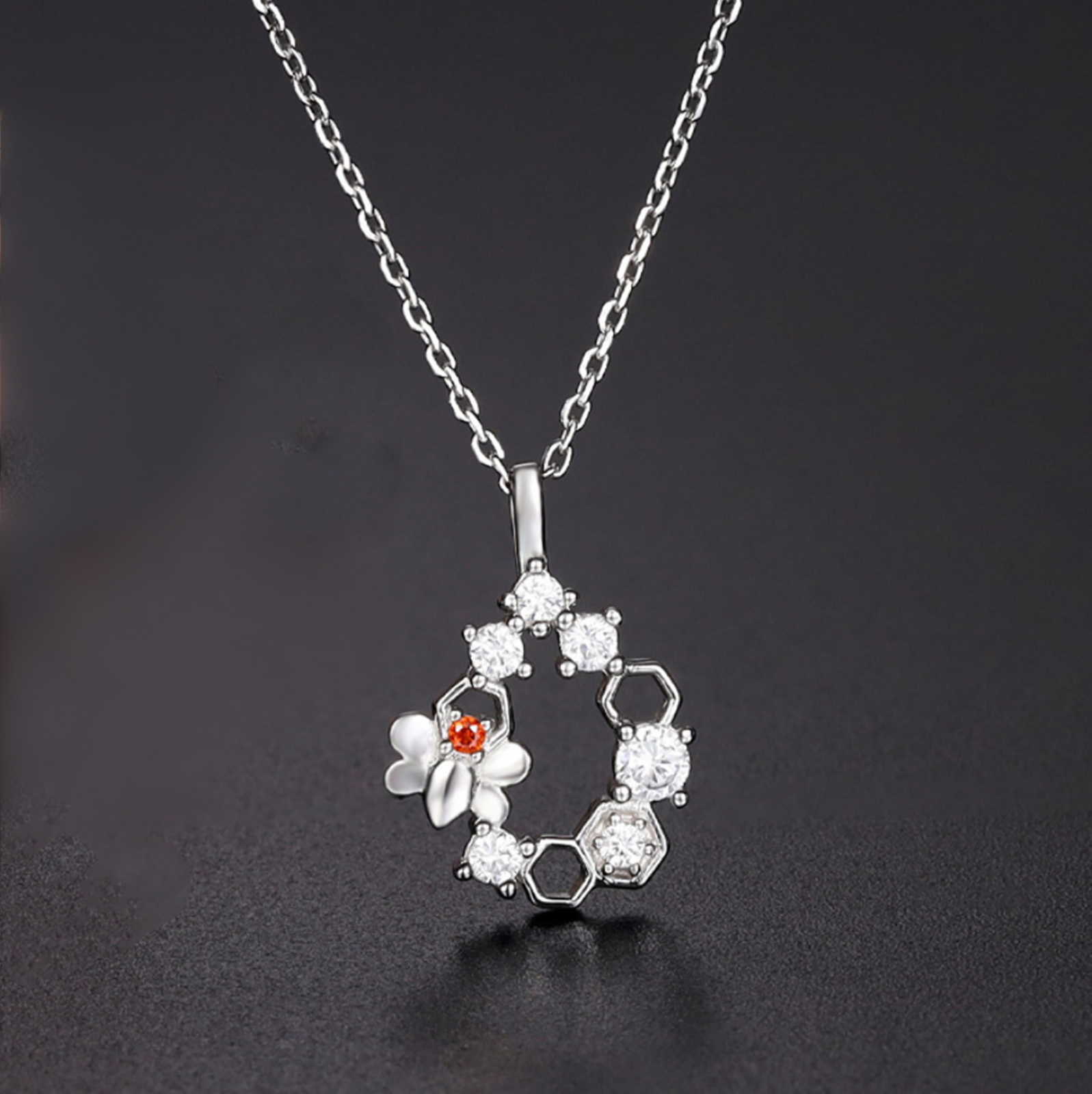 Silver-tone bee honeycomb necklace pendant with hexagon stones on chain