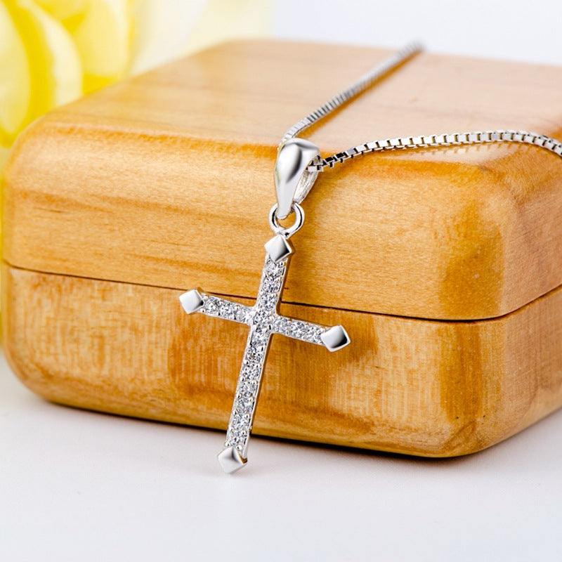 Sterling Silver Passion Cross Pointed Cross Paved CZ Pendant Necklace