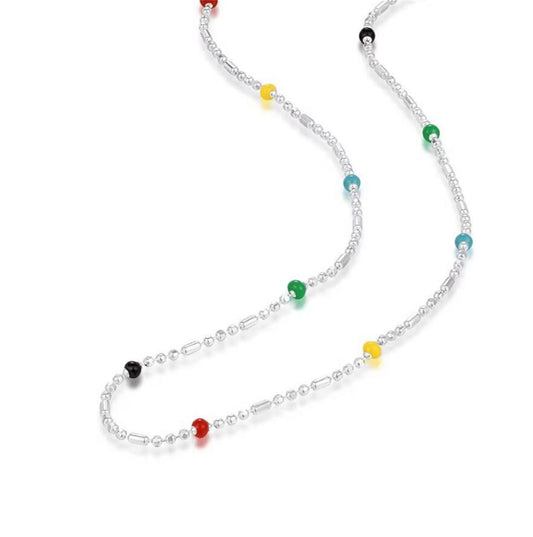 Sterling Silver Rainbow Beads Multi Colour Choker Ball Chain Thin Necklace