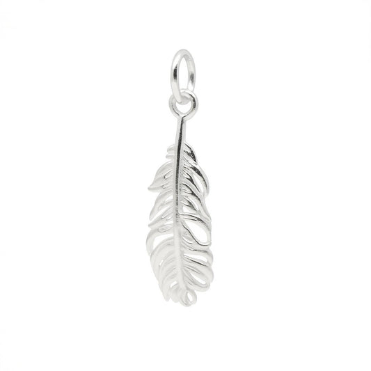 Elongated feather wing charm with loop bail, silver-tone metal feather detail.