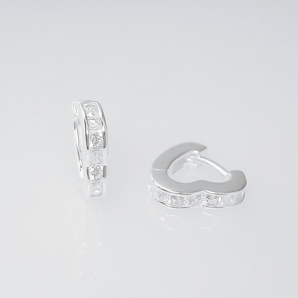 Sterling Silver 7mm Channel Set CZ Love Heart Eternity Huggie Hoop Earrings
