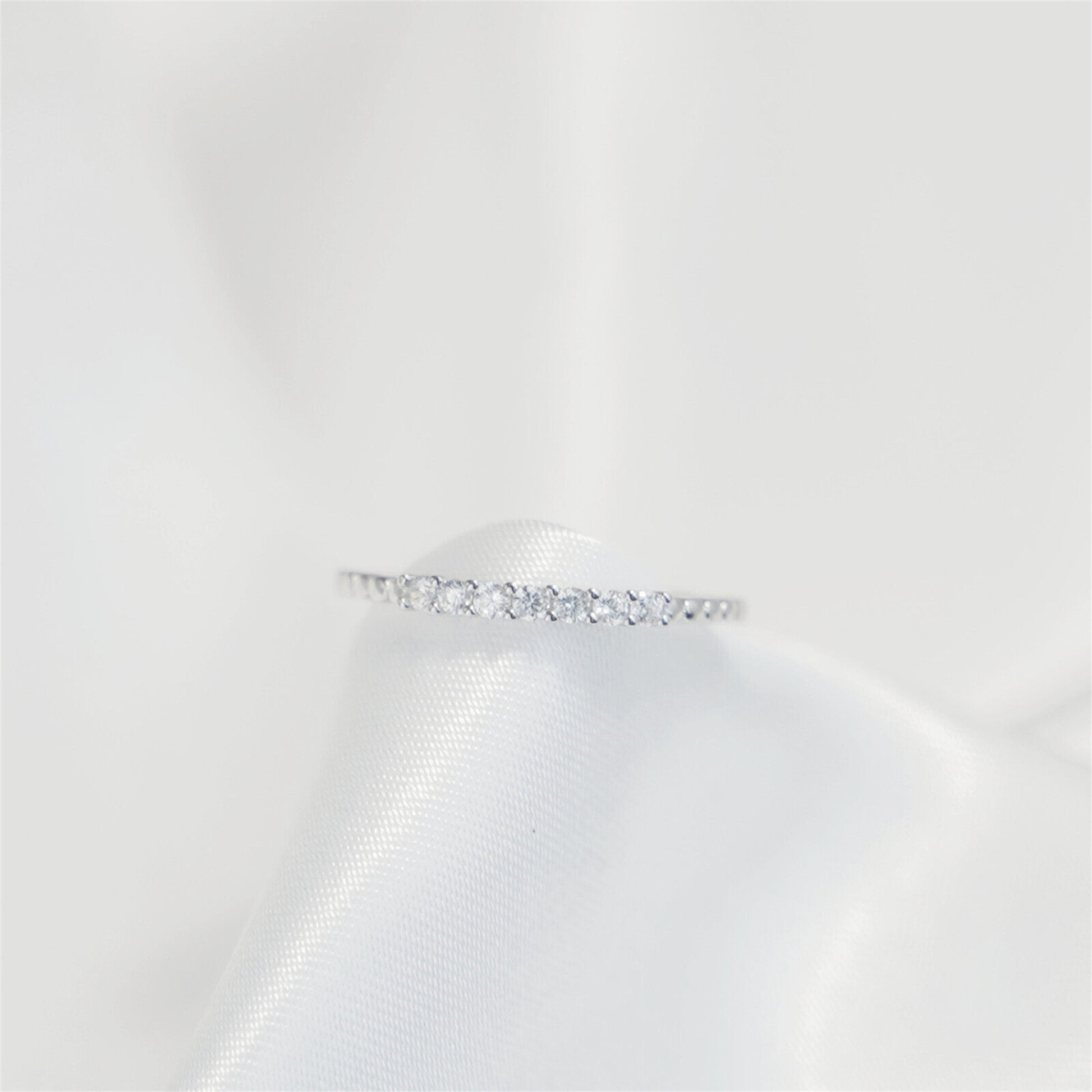 Sterling Silver Bubble Bead Half Eternity 7 CZ Crystal Stacking Ring 1.5mm - sugarkittenlondon