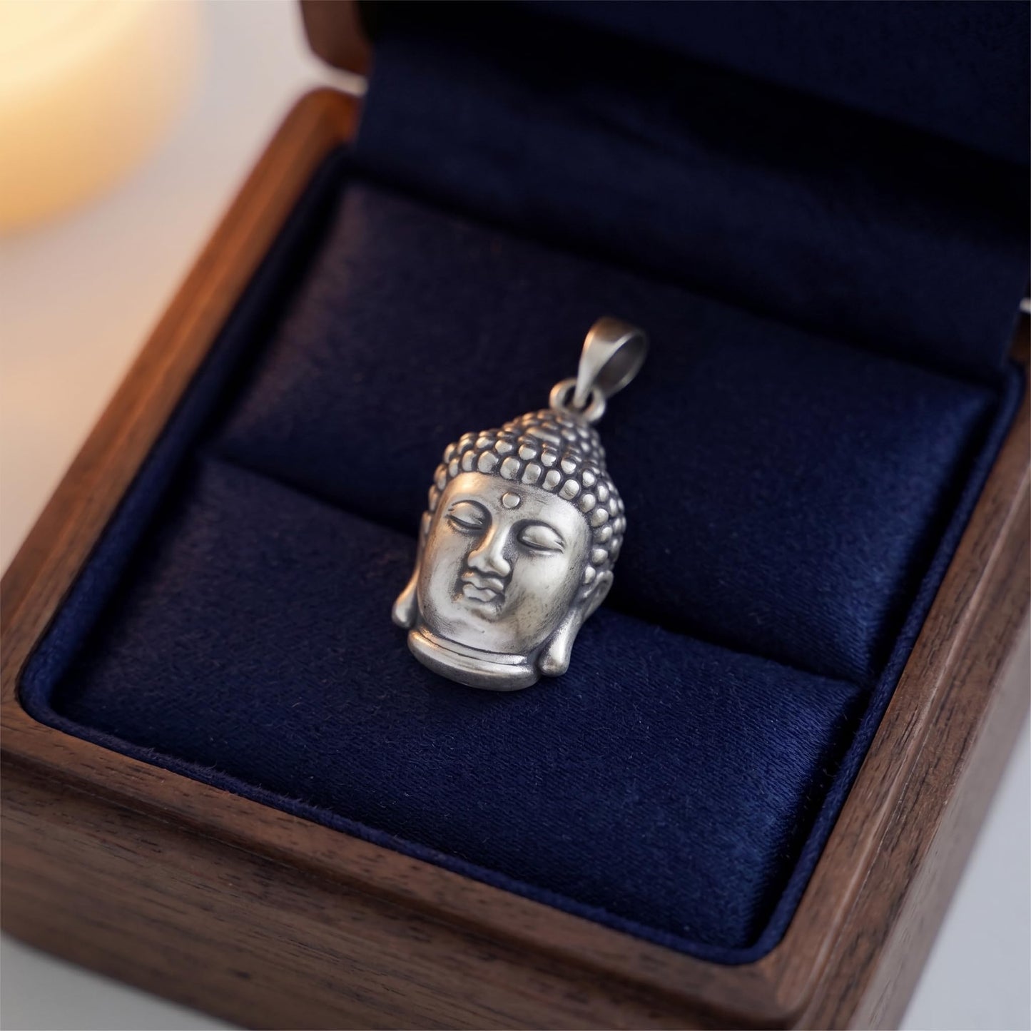 Buddha head pendant displayed in jewelry box, silver-tone