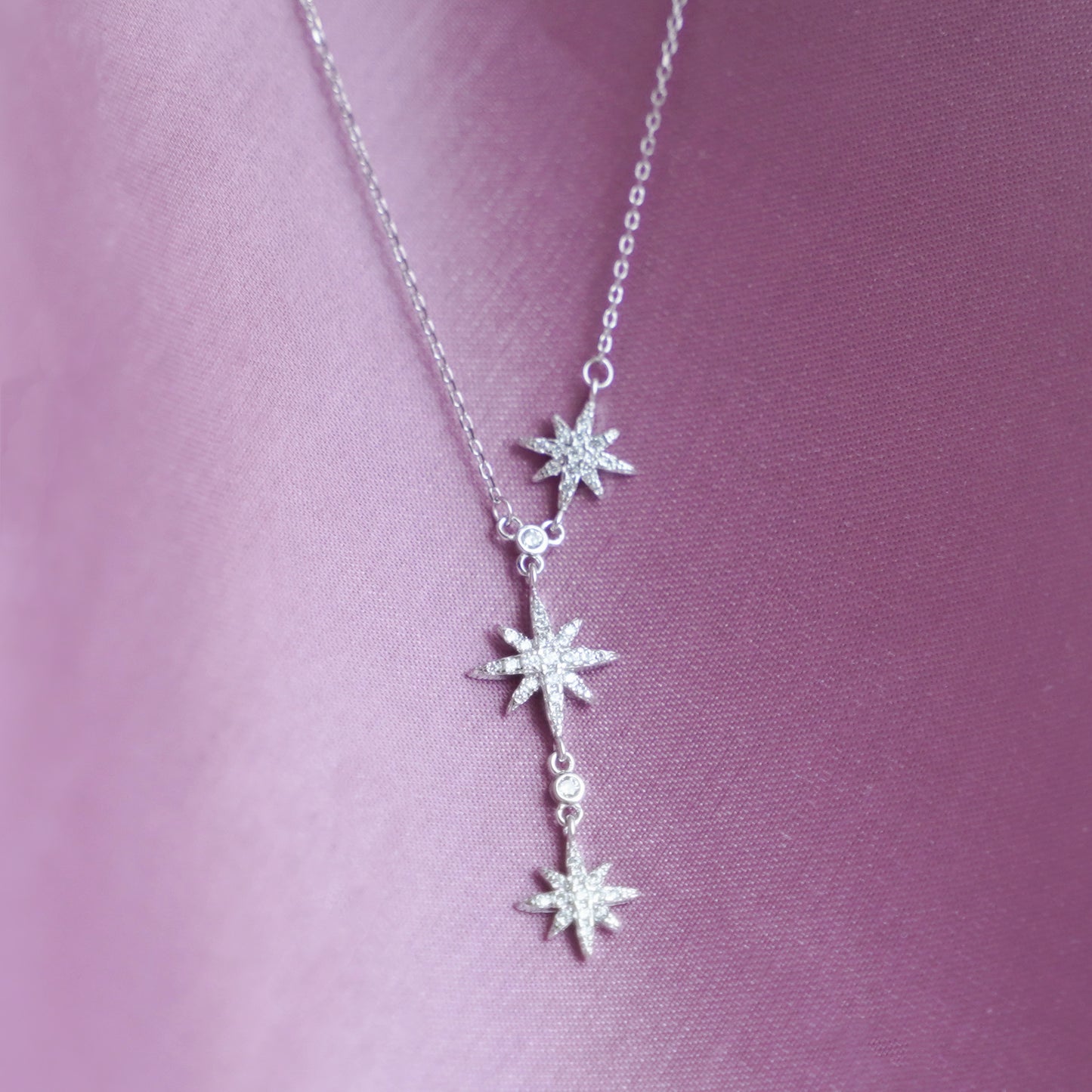 Sterling Silver CZ Sunlight Star Sunburst Drop Y Shape Tassel Necklace Boxed - sugarkittenlondon