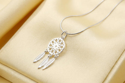 Dream Catcher Charm: silver-tone necklace/pendant version with round medallion and two feathers