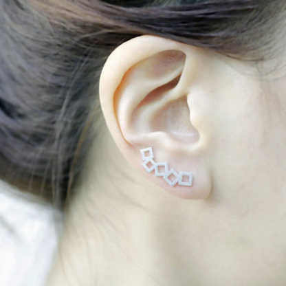 Sterling Silver Geometry Cube Square Curved Climber Crawler Earrings 2 Tones - sugarkittenlondon