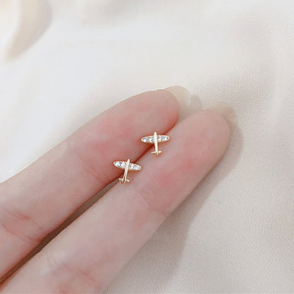 Mini CZ Airplane Stud Earrings in Sterling Silver with Rhodium / Gold Plating