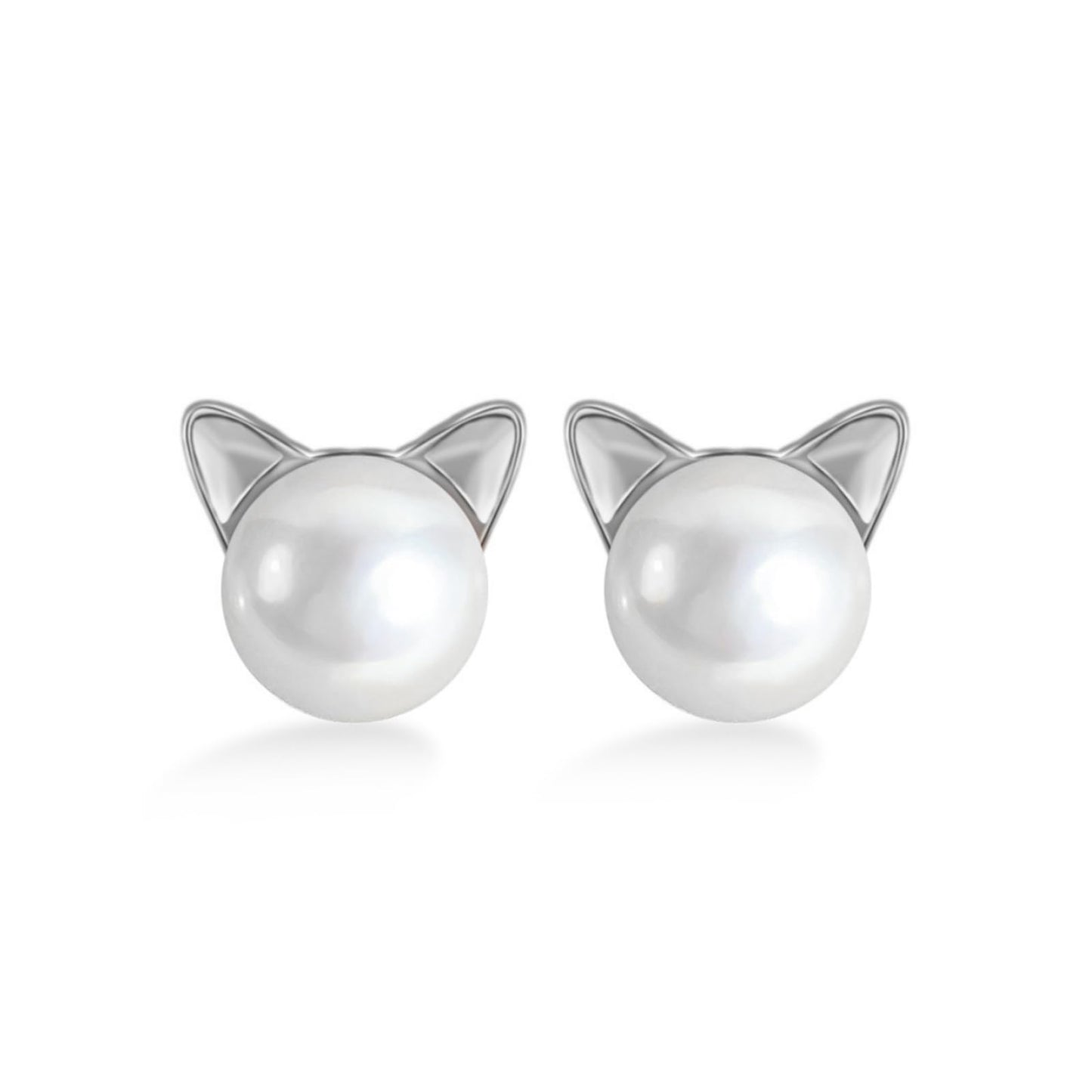 Cat pearl stud earrings with silver-tone cat ear frames and round white pearl centers