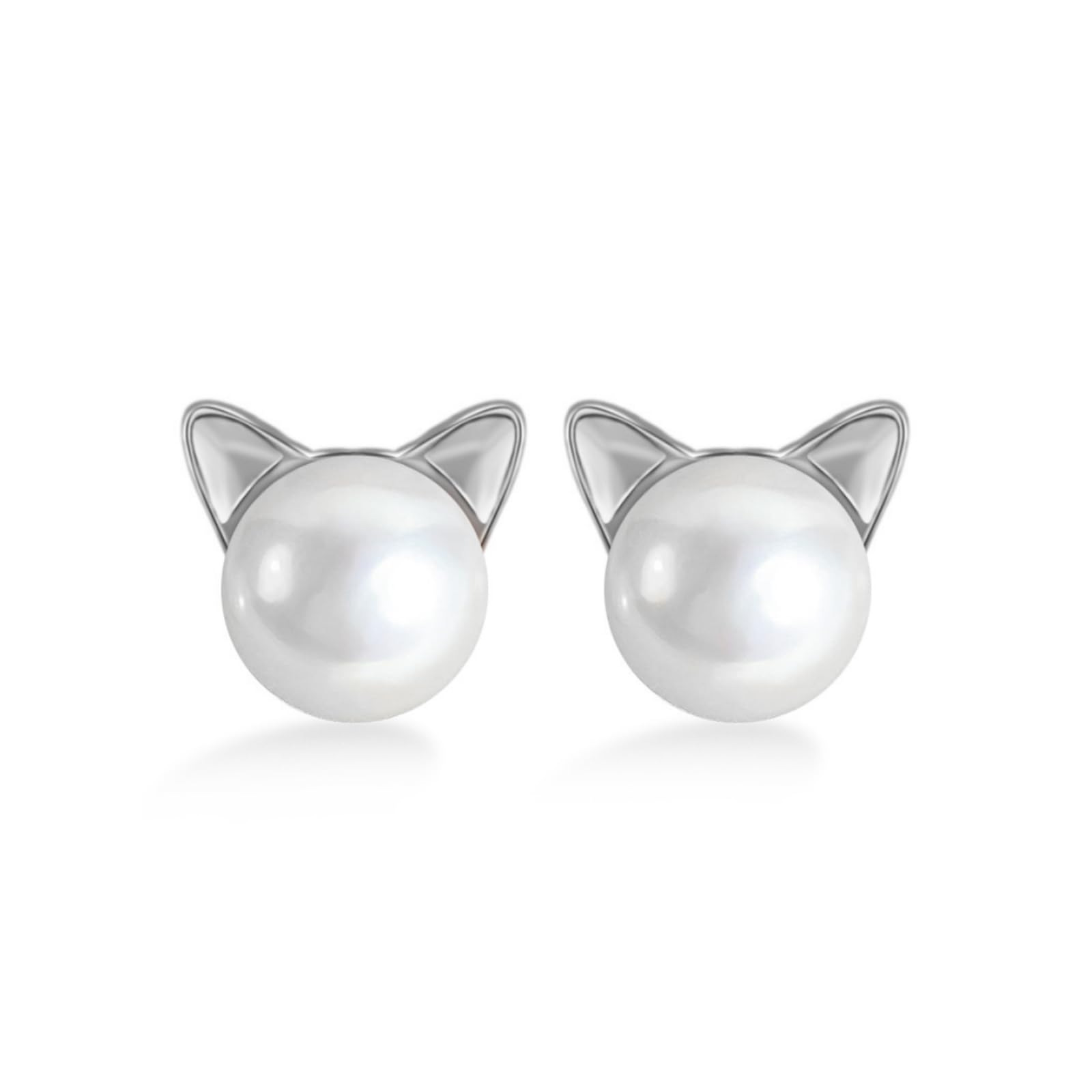 Cat pearl stud earrings with silver-tone cat ear frames and round white pearl centers