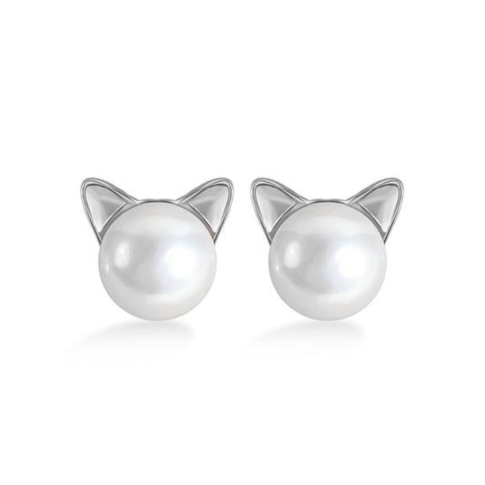 Silver-tone cat stud earrings with white pearl and pointed ears