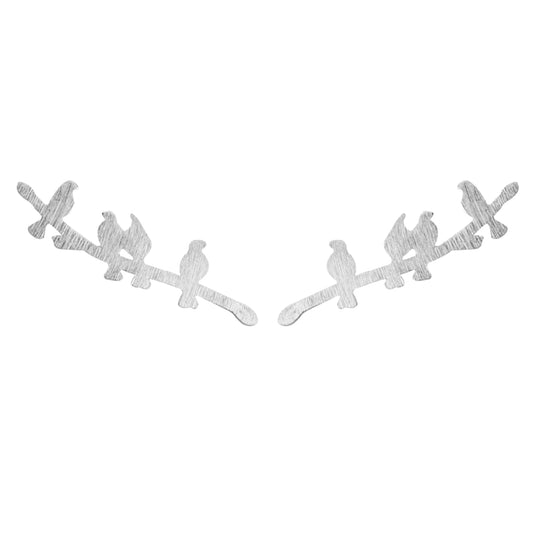 Bird-and-branch climber earrings, silver-tone bird shapes on linked bar design