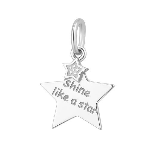 Silver star charm pendant with 'Shine like a star' text and hanging loop