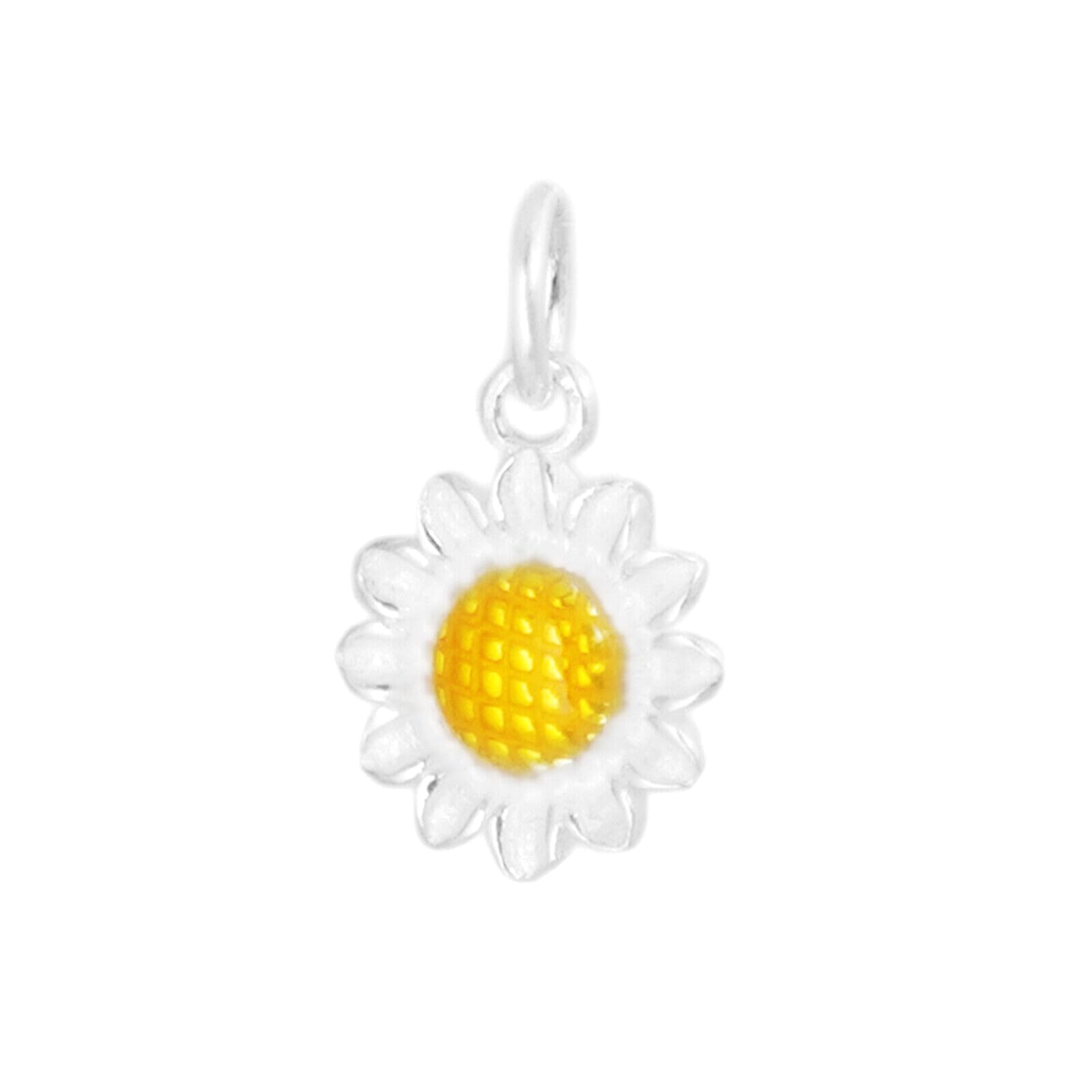 Sunflower charm with yellow glazed center, silver petals, and hanging loop
