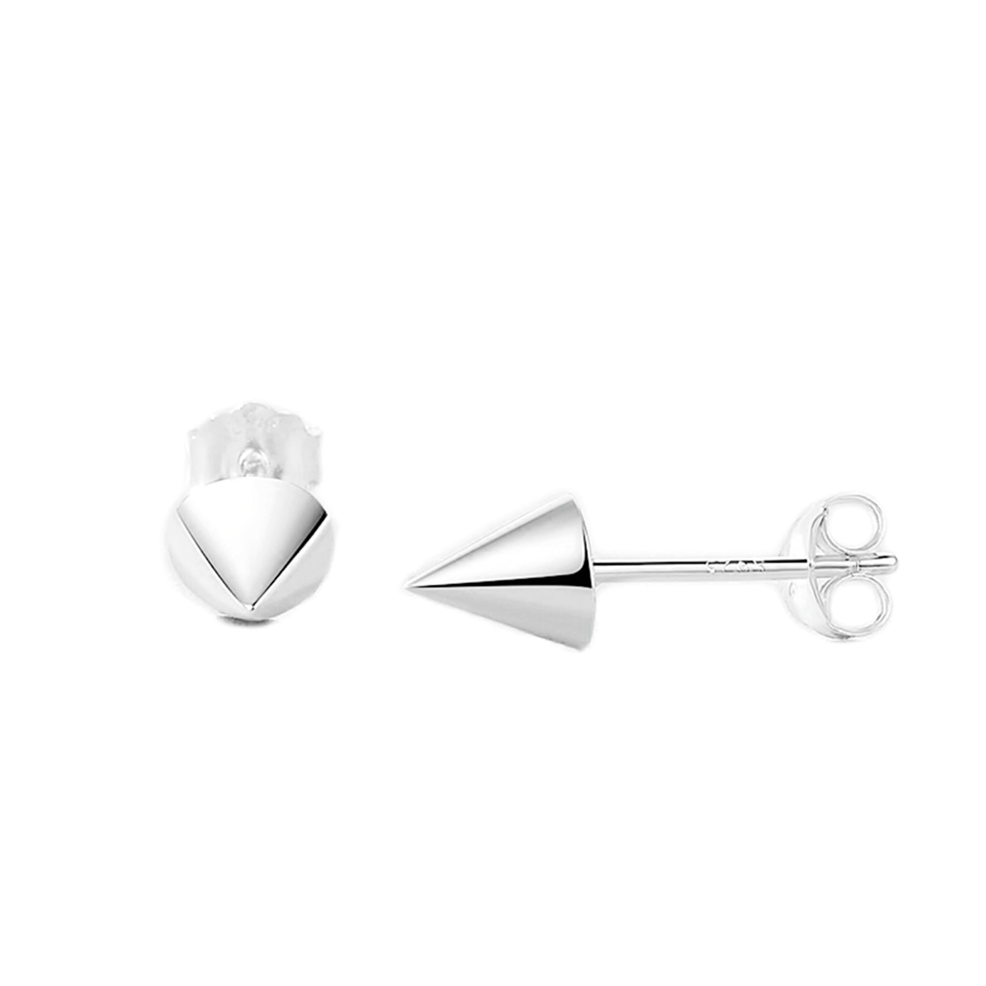 Cone spike stud earrings, front view with silver-tone pointed tips and circular mounts