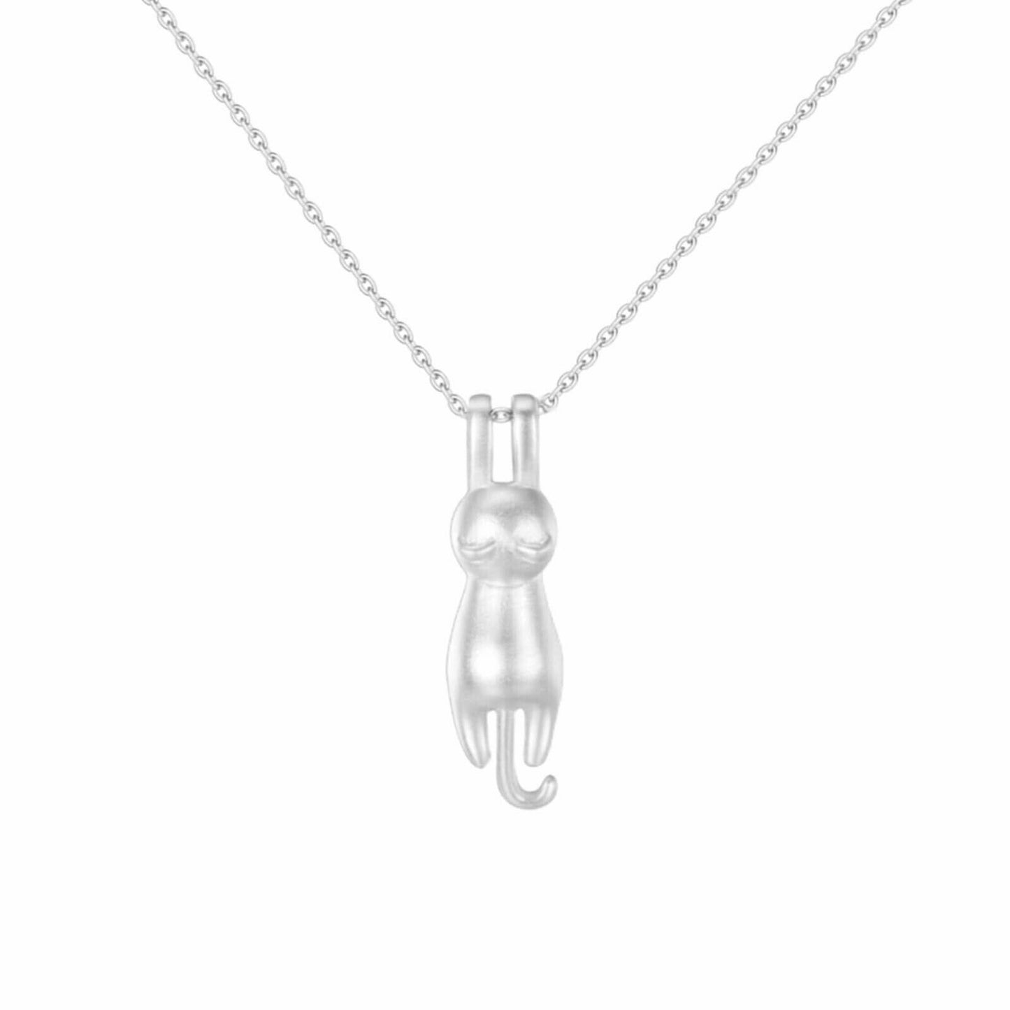 Sterling Silver Matte Hanging Cat Jumping Kitten Pendant Necklace