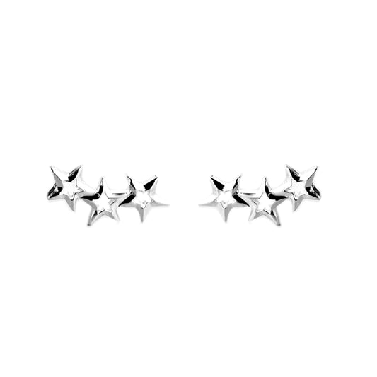 Sterling Silver Triple Hollow Lucky Stars Trinity Line Stud Earrings