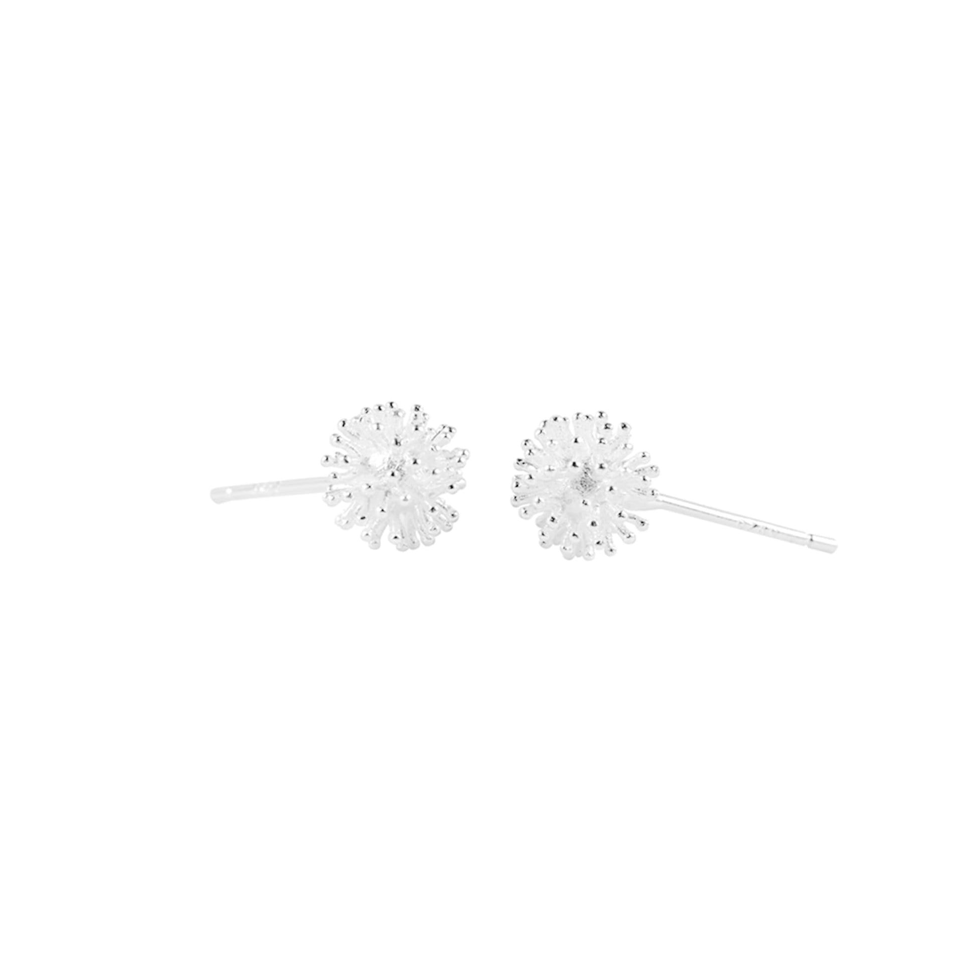 Silver-toned dandelion flower stud earrings, side view with thin post backs