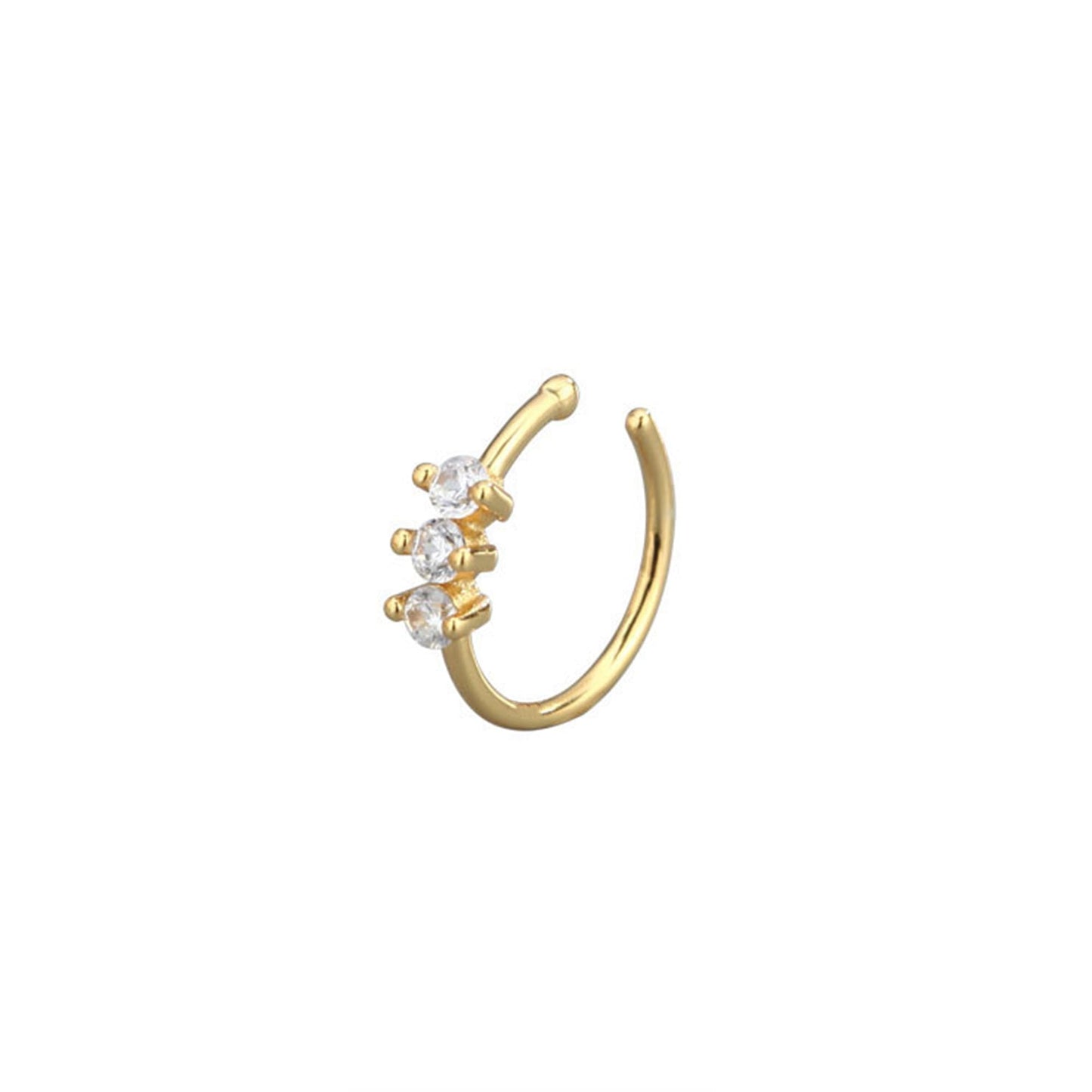 Gold-tone floral CZ cuff hoop earring with three clear stones on a curved band