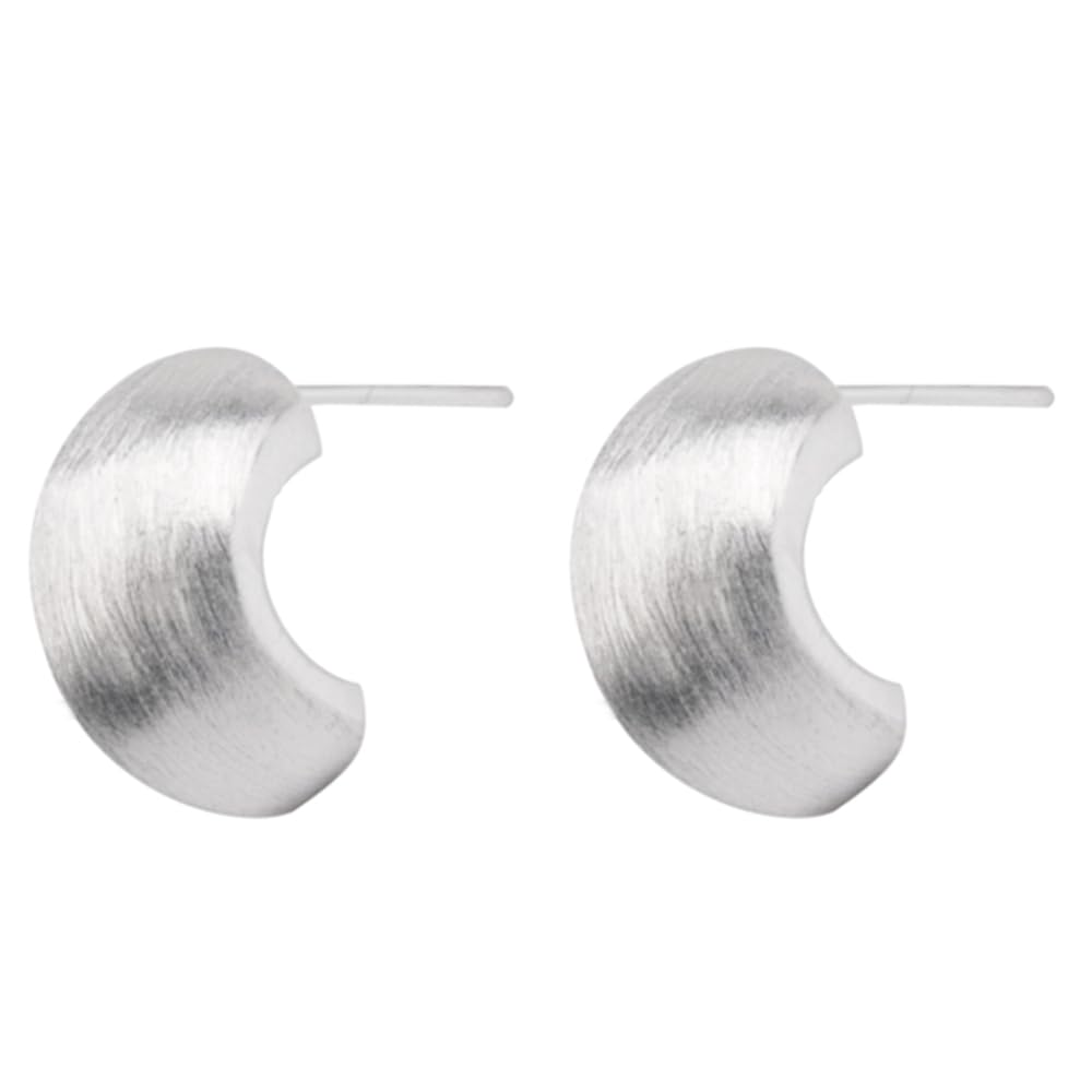 Brushed half-hoop drop earrings showing straight post backs, silver-tone brushed finish.