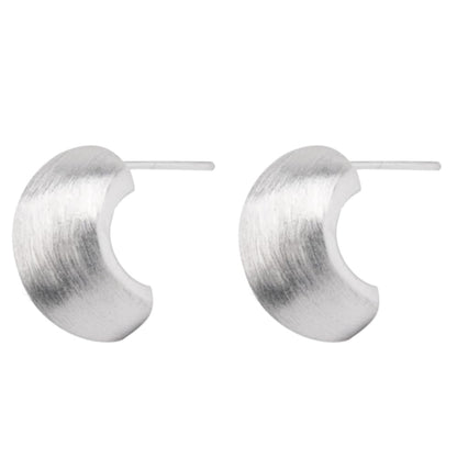 Brushed half-hoop drop earrings showing straight post backs, silver-tone brushed finish.