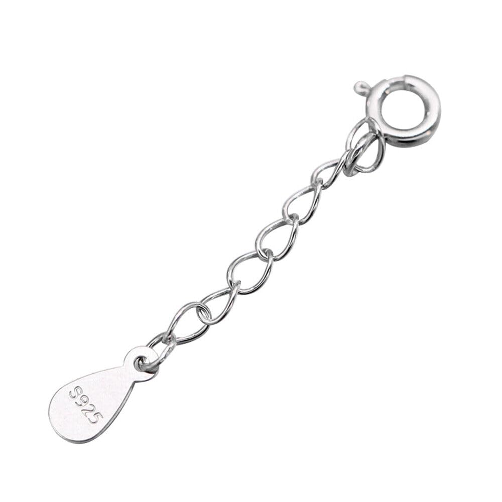 Silver curb extender chain with oval links and teardrop 925-marked tag on clasp