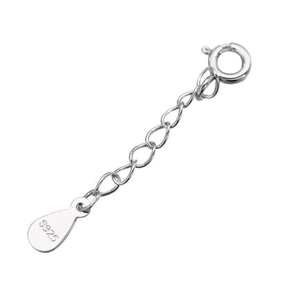 Silver curb extender chain with oval links and teardrop 925-marked tag on clasp